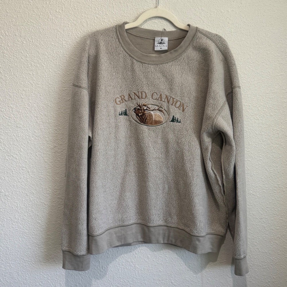 Prairie Mountain Grand Canyon Elk Embroidered Sherpa Fleece Sweatshirt Tan XL